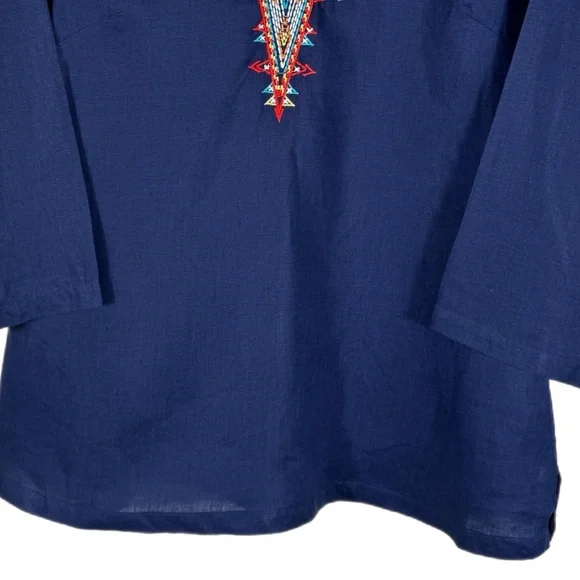 Nurture Woman’s 100% Linen Embroidered V-Neck Tunic M Aztec Southwestern Navy - Picture 3 of 8
